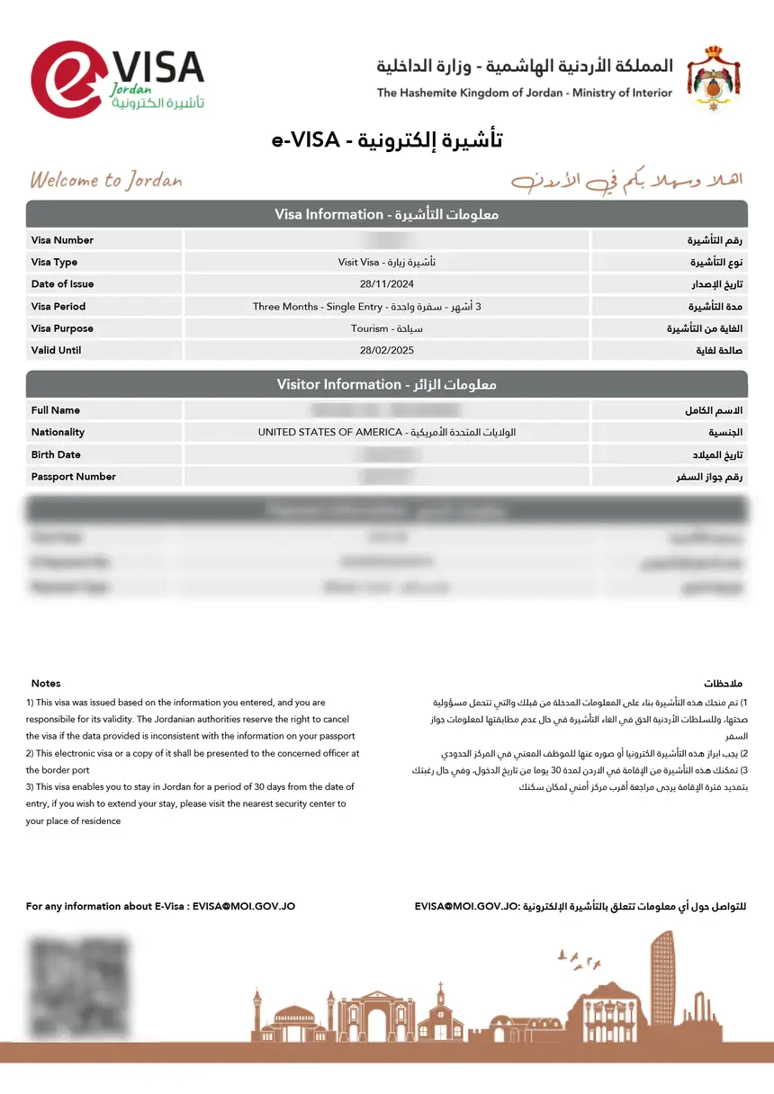 Jordan eVisa – sample document